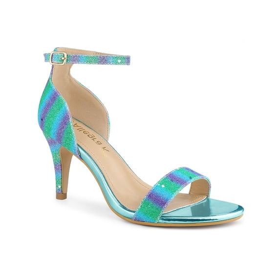 BLISSFUL STEP Women's Glitter Strap Stiletto Heel Sandals Green Blue (Size 8)