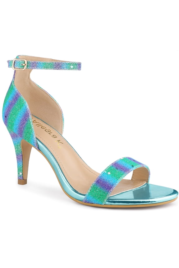 Women's Glitter Strap Stiletto Heel Sandals Green Blue (Size 6)
