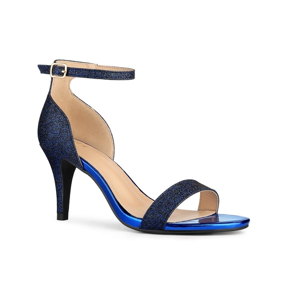 BLISSFUL STEP Women's Heels Glitter Open Toe Ankle Strap Stiletto Heel Sandals Black Blue 11