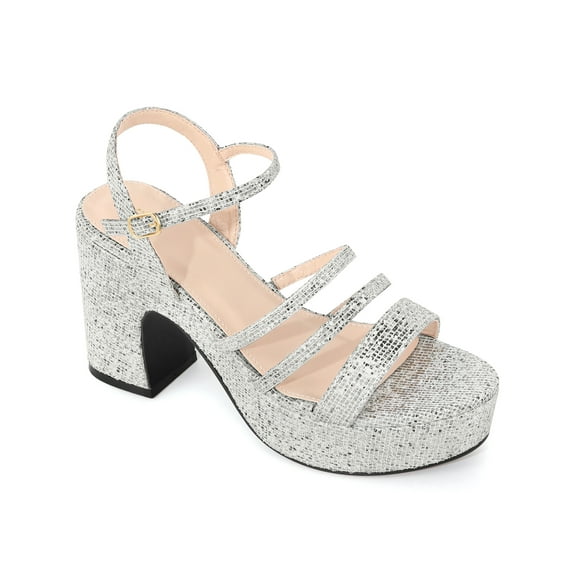 BLISSFUL STEP Women's Glitter Strappy Strap High Platform Chunky Heel Sandals Silver 9.5