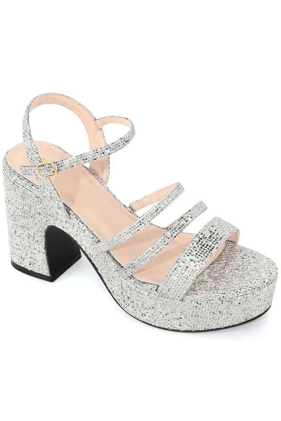 Women's Glitter Strappy Strap High Platform Chunky Heel Sandals Silver 9.5