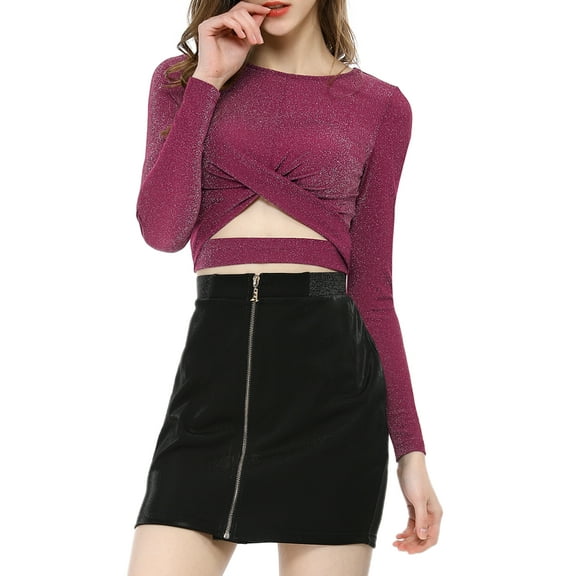 INSPIRE CHIC Women's Glitter Top Twist Fitted Long Sleeve Cutout Party Cropped Sparkly Tops L Fushcia