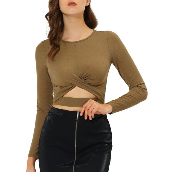 INSPIRE CHIC Women's Glitter Top Twist Fitted Long Sleeve Cutout Party Cropped Sparkly Tops M Coffee