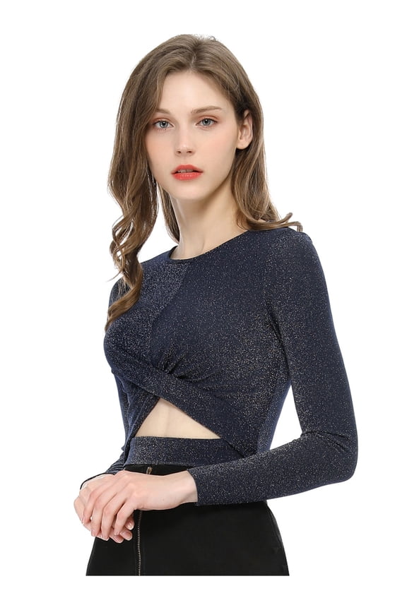 Women's Glitter Top Twist Fitted Long Sleeve Cutout Party Cropped Sparkly Tops M Dark Blue
