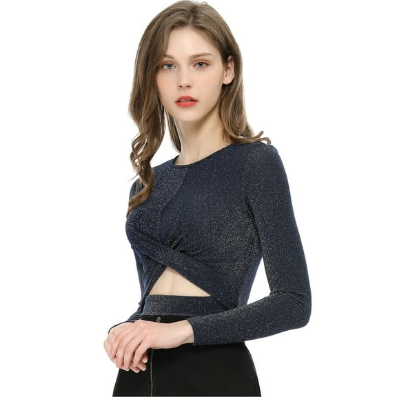 INSPIRE CHIC Women's Glitter Top Twist Fitted Long Sleeve Cutout Party Cropped Sparkly Tops XS Dark Blue