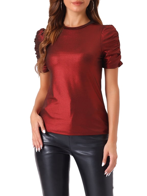 Women's Halloween Glitter Twist Top Round Neck Puff Sleeve Stretch Casual T-Shirt M Dark Red