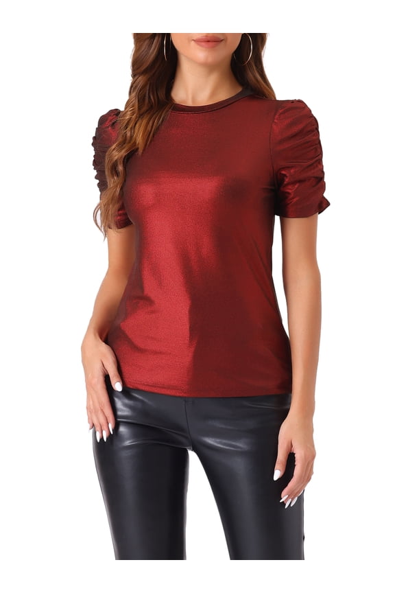 Women's Glitter Twist Top Round Neck Puff Sleeve Stretch Casual T-Shirt M Dark Red