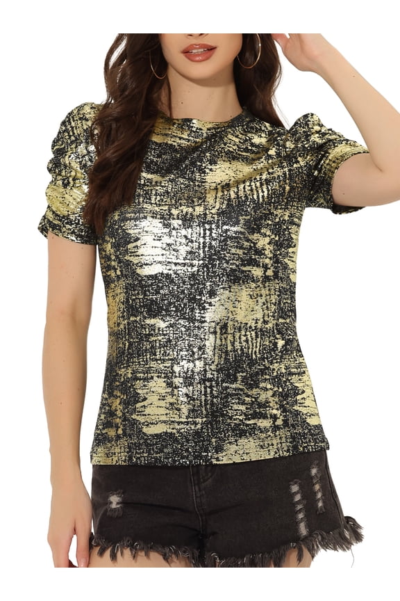 Women's Glitter Twist Top Round Neck Puff Sleeve Stretch Casual T-Shirt XS Black Gold