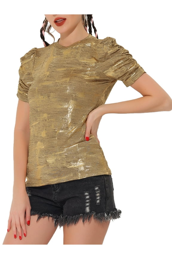 Women's Glitter Twist Top Round Neck Puff Sleeve Stretch Casual T-Shirt M Gold