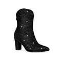 thumbnail image 1 of BLISSFUL STEP Women's Glitter V Shape Pointy Toe Back Zipper Block Heels Mid Calf Boots, 1 of 8