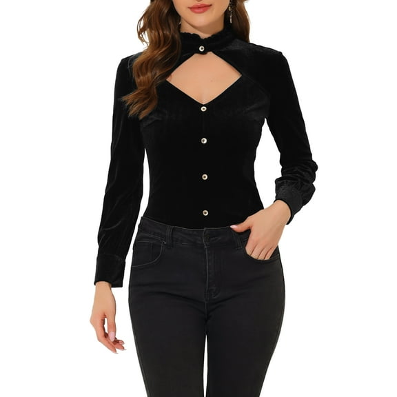 INSPIRE CHIC Women's Gochic Ruffled Stand Collar Cutout Long Sleeve Velvet Blouse Black XS