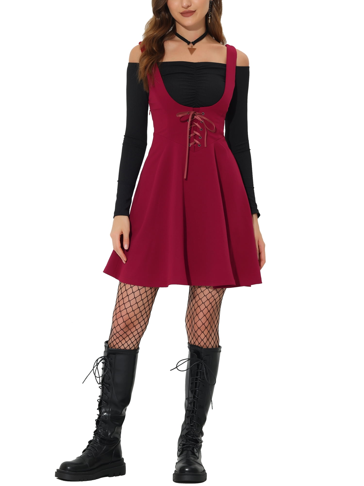 Allegra K Women's Gothic ALine Lace Up Mini Suspenders Skirt