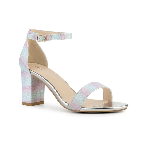 BLISSFUL STEP Women's Shoes Ankle Strap Open Toe Glitter Chunky Heels Sandals Blue Pink 7.5