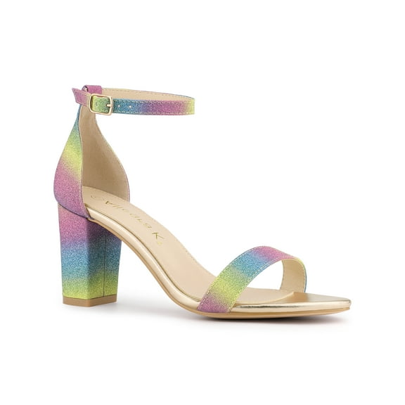BLISSFUL STEP Women's Shoes Ankle Strap Open Toe Glitter Chunky Heels Sandals Colorful 6