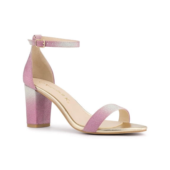 BLISSFUL STEP Women's Shoes Ankle Strap Open Toe Glitter Chunky Heels Sandals Pink 6