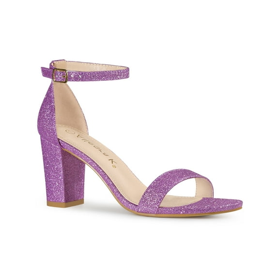 BLISSFUL STEP Women's Shoes Ankle Strap Open Toe Glitter Chunky Heels Sandals Purple 8.5