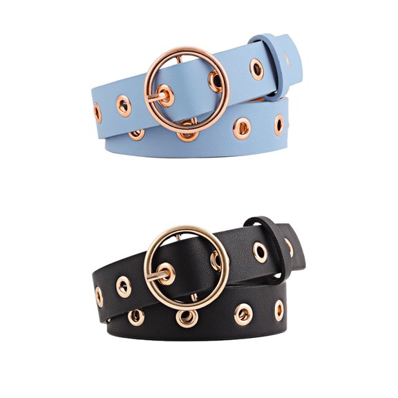 INSPIRE CHIC Women's Grommet Belt Faux Leather Single Pin Buckle Punk Belts for Jeans Pants 104cm/40.94" Black & Sky Blue