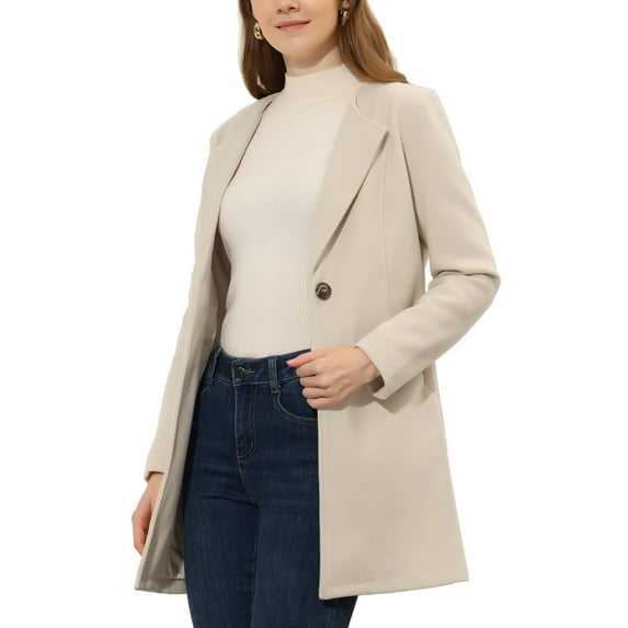 INSPIRE CHIC Women's Half Lapel Long Sleeves One Button Winter Mid-Length Overcoat M Beige White