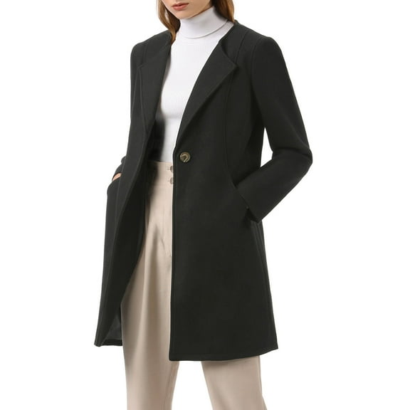 INSPIRE CHIC Women's Half Lapel Long Sleeves One Button Winter Mid-Length Overcoat M Black