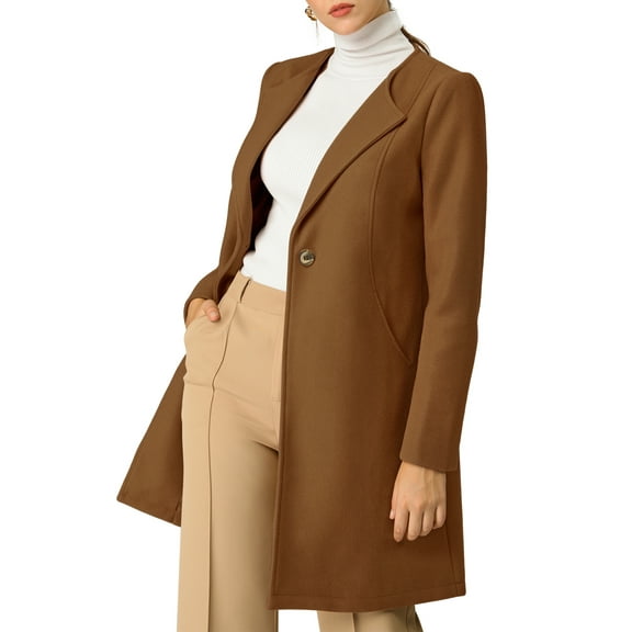 INSPIRE CHIC Women's Half Lapel Long Sleeves One Button Winter Mid-Length Overcoat M Brown