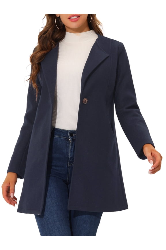 Women's Half Lapel Long Sleeves One Button Winter Mid-Length Overcoat M Navy Blue