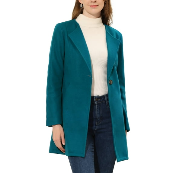 INSPIRE CHIC Women's Half Lapel Long Sleeves One Button Winter Mid-Length Overcoat S Lake Blue