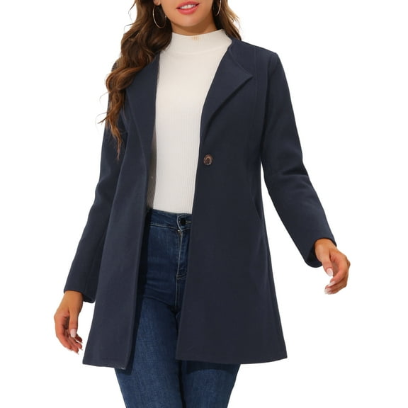 INSPIRE CHIC Women's Half Lapel Long Sleeves One Button Winter Mid-Length Overcoat S Navy Blue