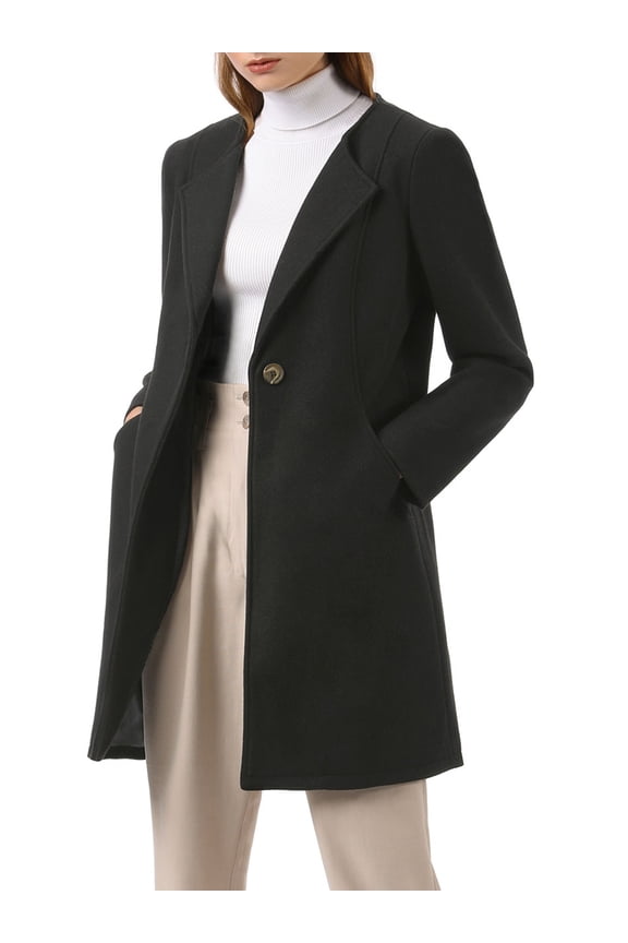 Women's Half Lapel Long Sleeves One Button Winter Mid-Length Overcoat XL Black