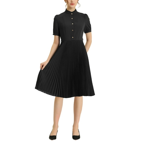 INSPIRE CHIC Women's Half Placket Shirt Dress Short Sleeve Ruffle Stand Neck Pleated Midi Dresses with Belt S Black