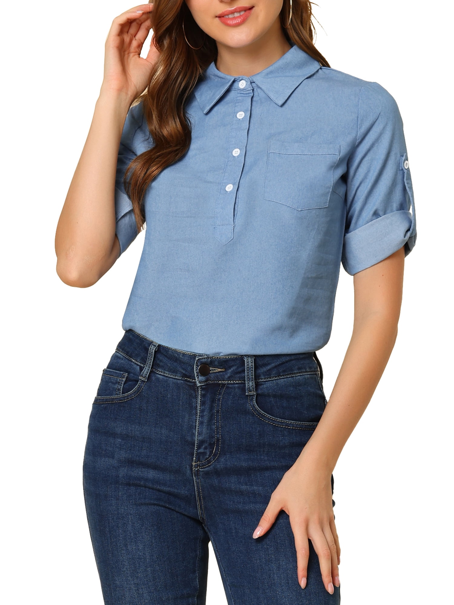 Rolled sleeve checked dress with chest pocket cheap