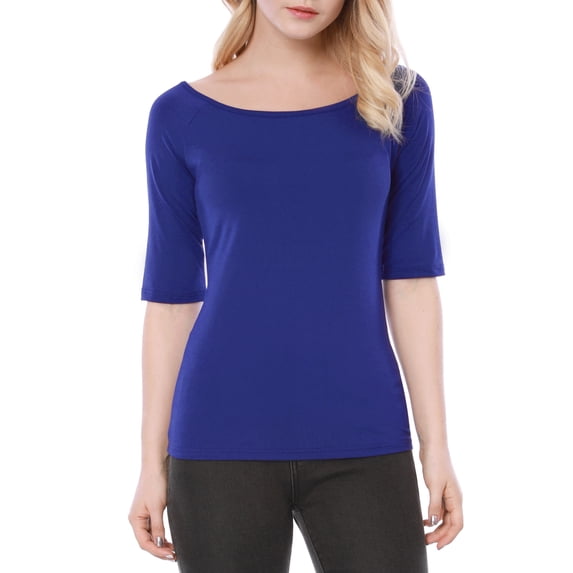 INSPIRE CHIC Women's Boat Neck Tops Half Sleeves Fitted Layering Soft T-Shirt 2XL Blue