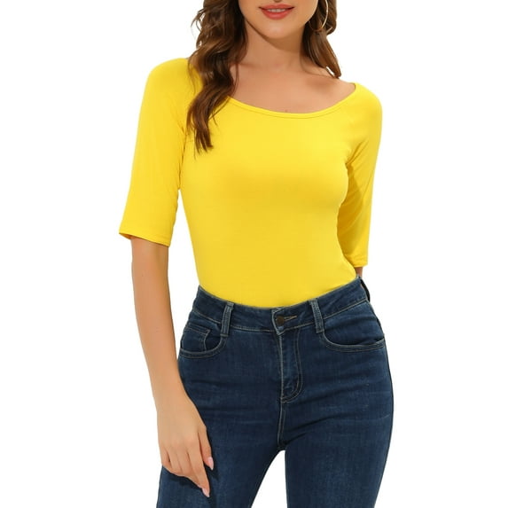 INSPIRE CHIC Women's Boat Neck Tops Half Sleeves Fitted Layering Soft T-Shirt 2XL Lemon Yellow