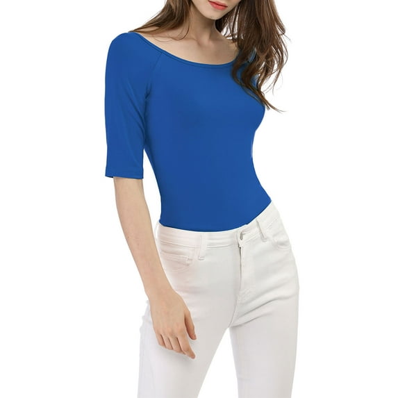 INSPIRE CHIC Women's Boat Neck Tops Half Sleeves Fitted Layering Soft T-Shirt 2XL Royal Blue