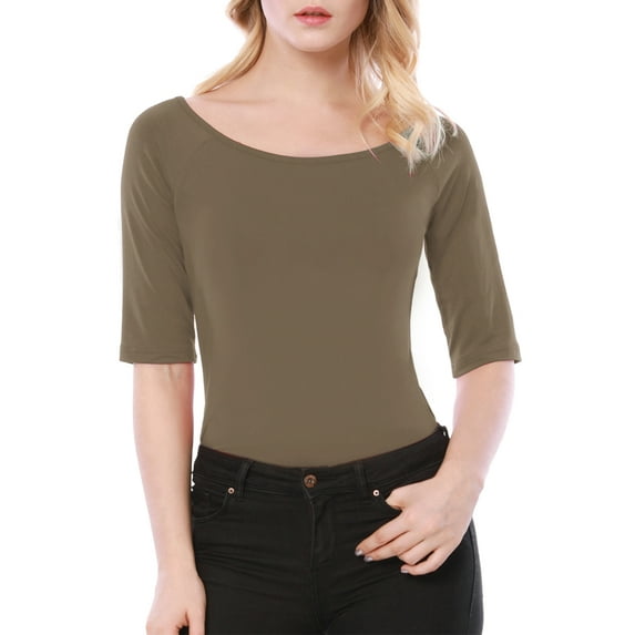 INSPIRE CHIC Women's Boat Neck Tops Half Sleeves Fitted Layering Soft T-Shirt 3XL Dark Khaki