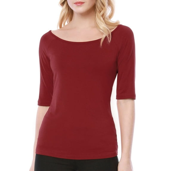 INSPIRE CHIC Women's Boat Neck Tops Half Sleeves Fitted Layering Soft T-Shirt 3XL Red