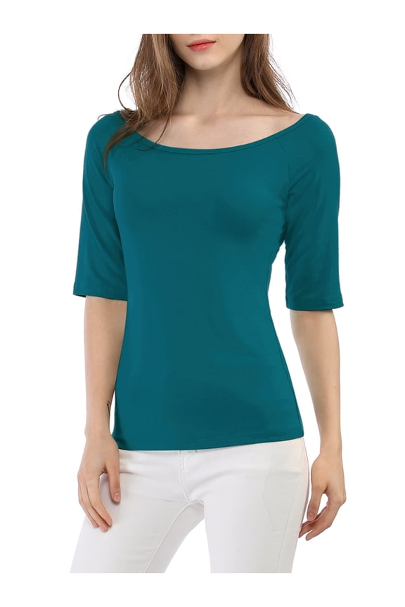 Women's Boat Neck Tops Half Sleeves Fitted Layering Soft T-Shirt L Blue Green