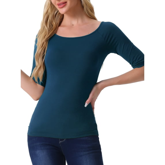 INSPIRE CHIC Women's Boat Neck Tops Half Sleeves Fitted Layering Soft T-Shirt L Dark Blue