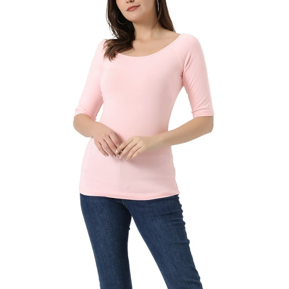 INSPIRE CHIC Women's Boat Neck Tops Half Sleeves Fitted Layering Soft T-Shirt L Light Pink