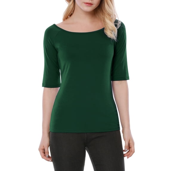 INSPIRE CHIC Women's Boat Neck Tops Half Sleeves Fitted Layering Soft T-Shirt L Olive Green