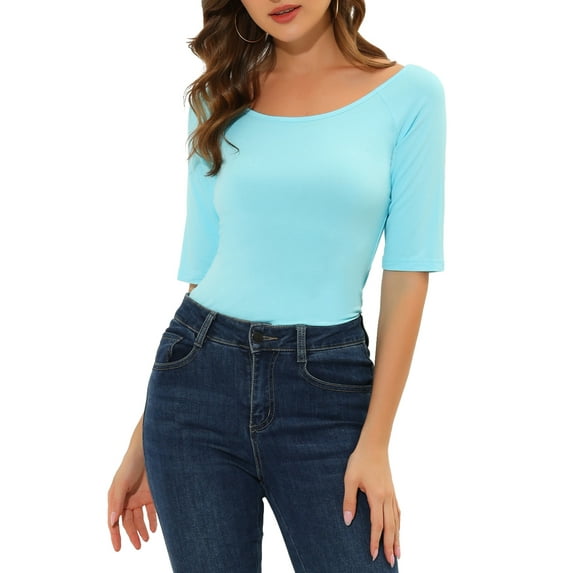 INSPIRE CHIC Women's Boat Neck Tops Half Sleeves Fitted Layering Soft T-Shirt M Sky Blue