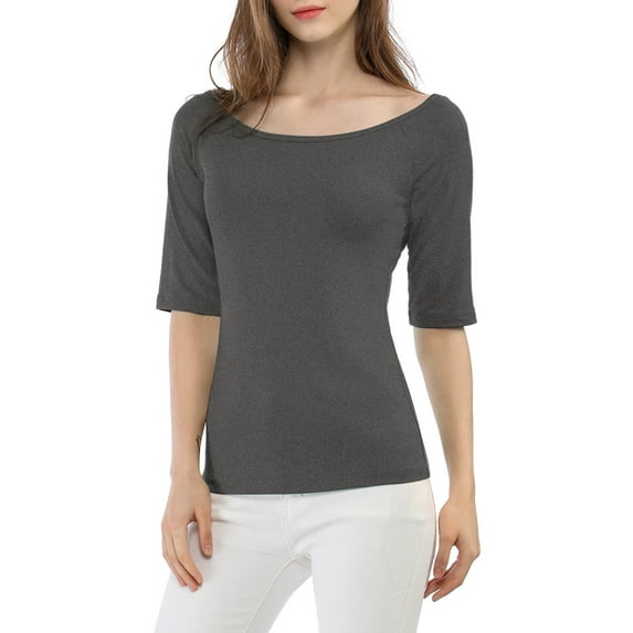 INSPIRE CHIC Women's Boat Neck Tops Half Sleeves Fitted Layering Soft T-Shirt S Dark Gray