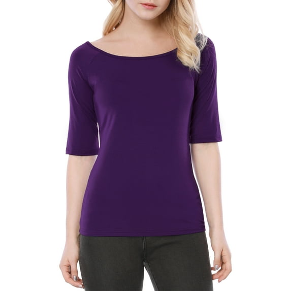 INSPIRE CHIC Mother's Day Women's Boat Neck Tops Half Sleeves Fitted Layering Soft T-Shirt S Dark Purple