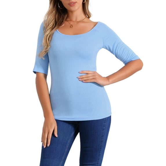 INSPIRE CHIC Women's Boat Neck Tops Half Sleeves Fitted Layering Soft T-Shirt S Light Blue