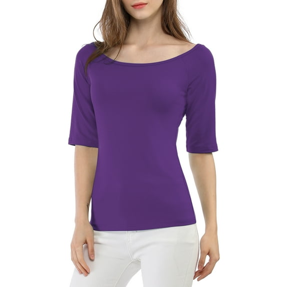 INSPIRE CHIC Women's Boat Neck Tops Half Sleeves Fitted Layering Soft T-Shirt S Purple