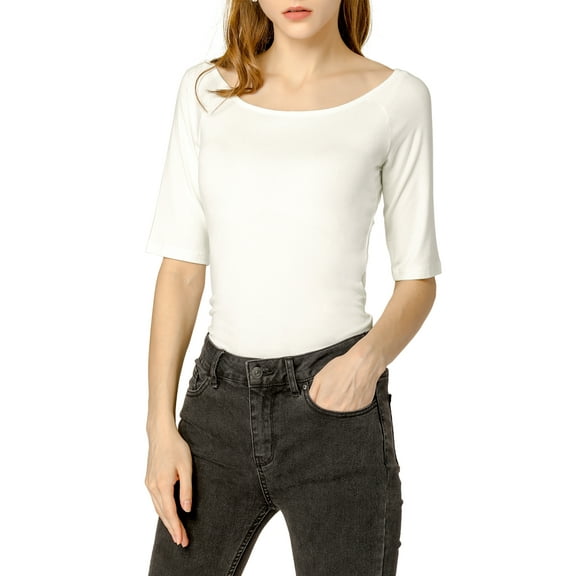 INSPIRE CHIC Women's Boat Neck Tops Half Sleeves Fitted Layering Soft T-Shirt XL Beige