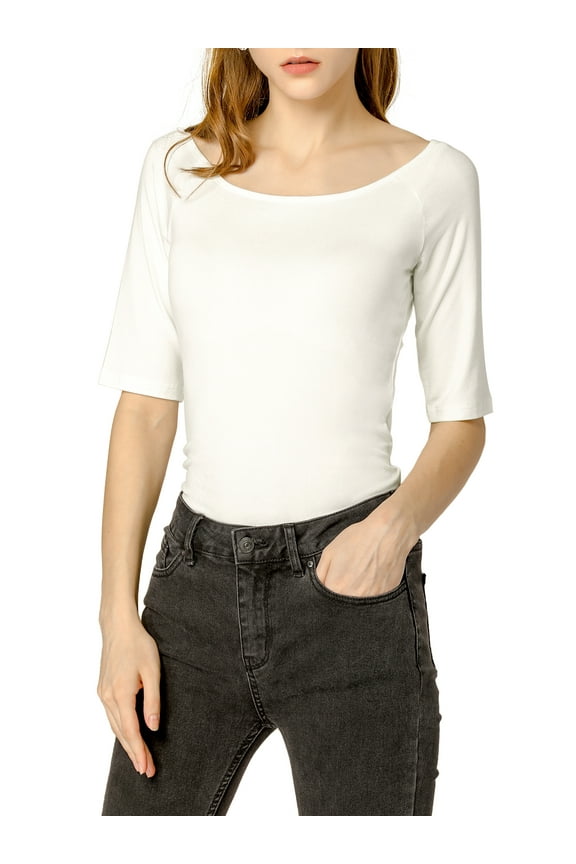 Women's Boat Neck Tops Half Sleeves Fitted Layering Soft T-Shirt XL Beige