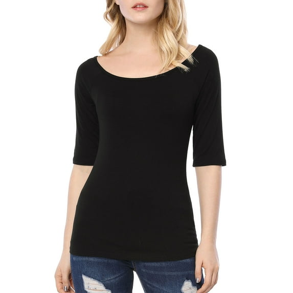 INSPIRE CHIC Women's Boat Neck Tops Half Sleeves Fitted Layering Soft T-Shirt XL Black