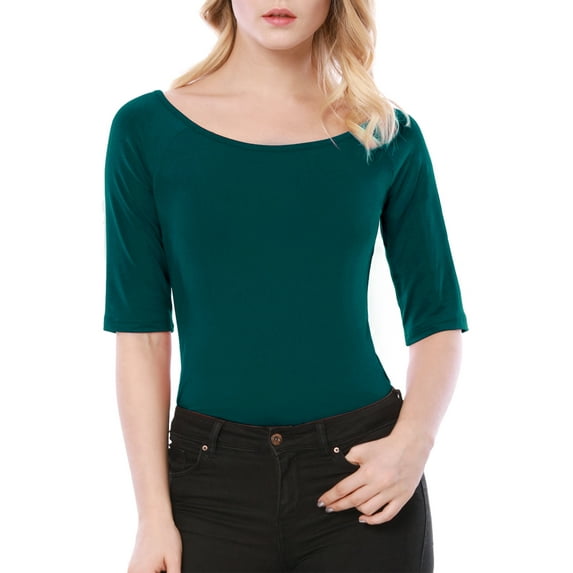 INSPIRE CHIC Women's Boat Neck Tops Half Sleeves Fitted Layering Soft T-Shirt XS Dark Green