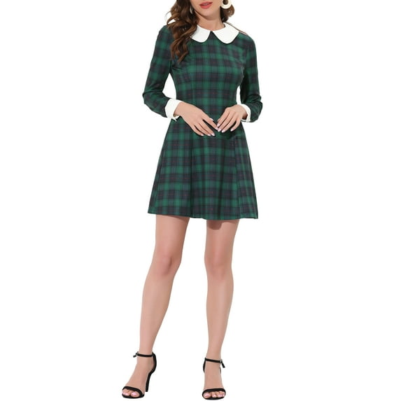 Allegra K Women's Halloween Costume Contrast Peter Pan Collar Long Sleeve A-Line Plaid Dress