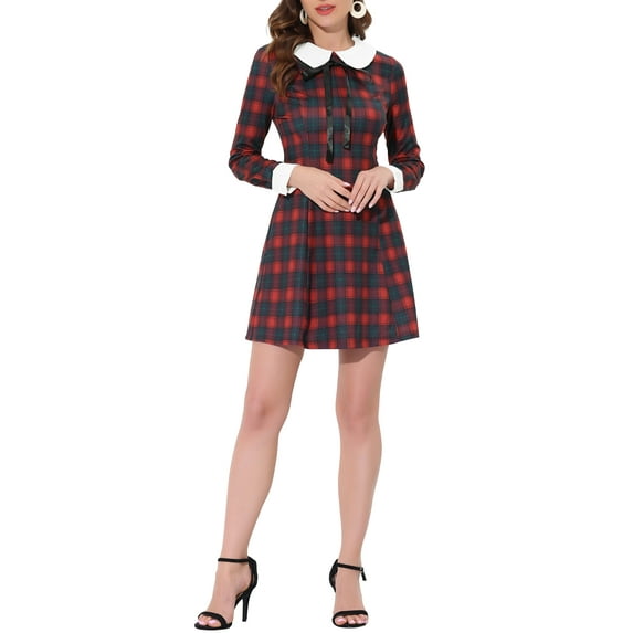 Allegra K Women's Halloween Costumes Contrast Peter Pan Collar Long Sleeve A-Line Plaid Dress